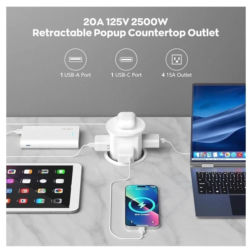 20A‎ 125V Pop Up Desk Countertop Outlet 15W Wireless Charger USB Ports White